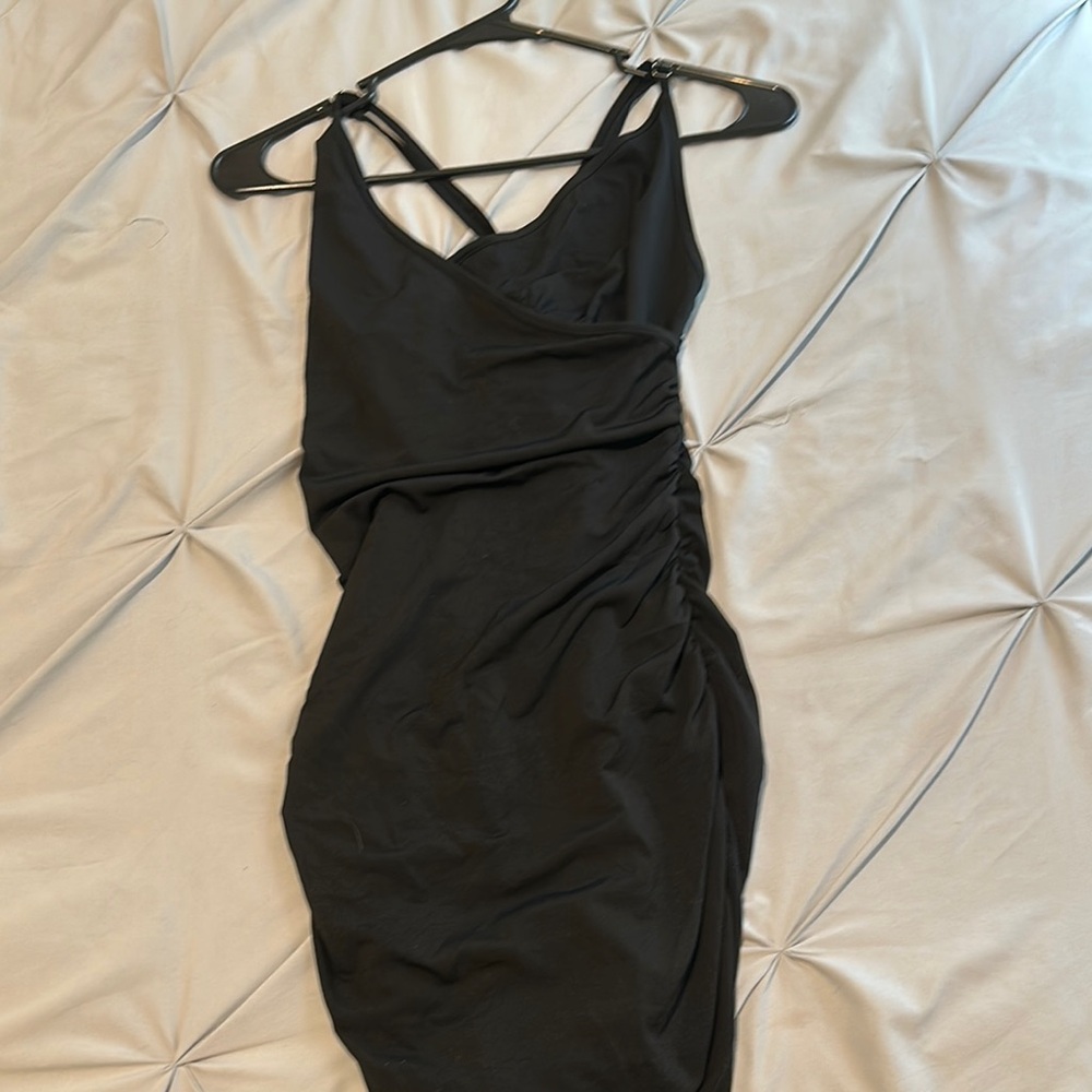 Black Mini Bodycon Dress with Ruching and Spaghetti Straps for Night Out